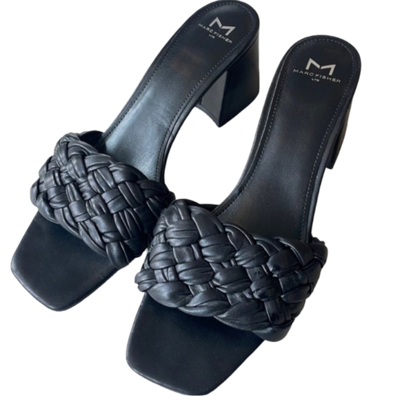 Marc Fisher Nahea Black Braided Leather Block Heel Mules Size 10 - Picture 2 of 9